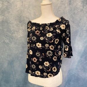 Casual Navy Floral Off-Shoulder Blouse, approx size Small, 3/4 Length Sleeves